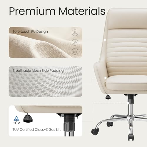COLAMY Ellis High-Back Home Office Desk Chair, Leather Executive Chair with Integrated Armrests, Beige - color: Beige