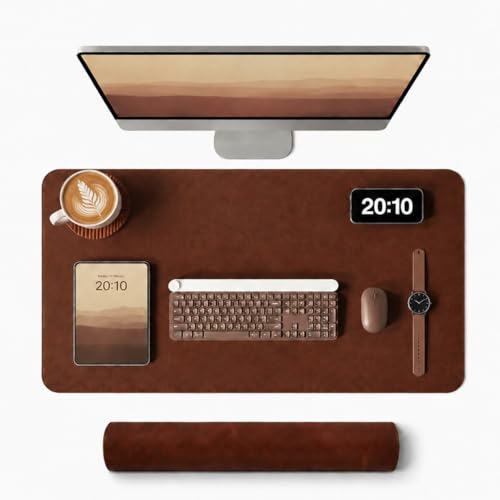 Leather Desk Mat & Mouse Pad - Desk Blotter Large 31.5X 15.8in | Desk Pad Protector for Office Desk, Non-Slip Waterproof PU Leather Desk Blotter & Writing Pad, Red Brown