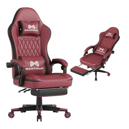 Gamtimer Gaming Chair with Footrest, Ergonomic Computer Chair, PU Breathable Material with Headrest and Lumbar Support, Suitable for Silla Gamer and Adults (RED) - color: Red