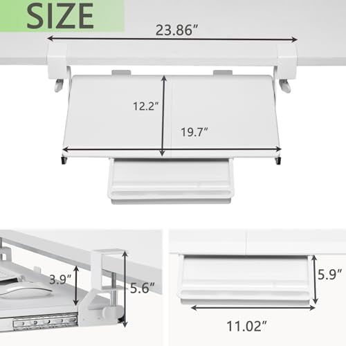 ETHU Small Keyboard Tray Under Desk with Metal Rail, 19.7x11.8", White | Slide Out Ergonomic Keyboard Drawer, Pull Out Keyboard Tray for Home Office Desk, Suitable Max Desk Thickness 1.96" - color: White
