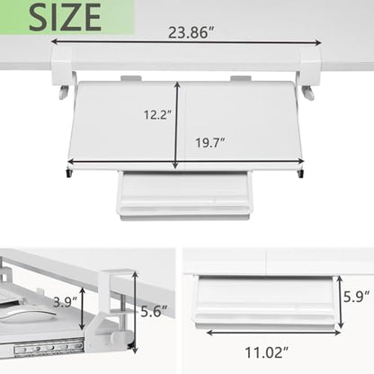 ETHU Small Keyboard Tray Under Desk with Metal Rail, 19.7x11.8", White | Slide Out Ergonomic Keyboard Drawer, Pull Out Keyboard Tray for Home Office Desk, Suitable Max Desk Thickness 1.96" - color: White