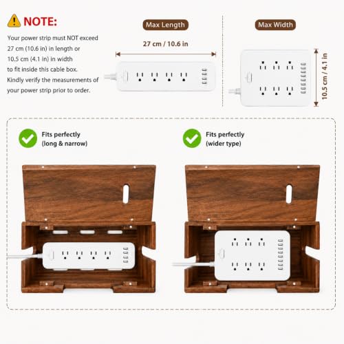 Acacia Wood Cable Management Box, Wooden Cord Hider Organizer for Power Strip, Electrical Hiding, TV Wires, Desk & Floor Cables, Under Desk Cable Organizer for Home Office