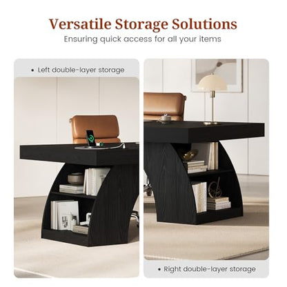 UPOSOJA 70.9 Inch Executive Desk, Large Office Desk with Power Outlet & Storage Shelves, Modern Aesthetic Computer Desks Wood Workstation Business Furniture Writing Table for Home Office (Black) - color: Black