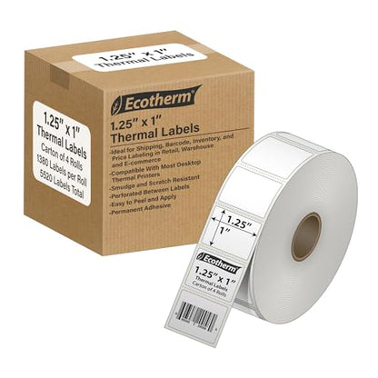 1.25" x 1" Thermal Labels | 4 Rolls | 1,380 Labels/Roll | 5,520 Total | fits Zebra, Munbyn, Rollo, Godex, Arkscan, iDPRT, Offnova Thermal Printers | Blank White Adhesive Stickers by Ecotherm - size: 1.25 x 1 - 5520 Labels