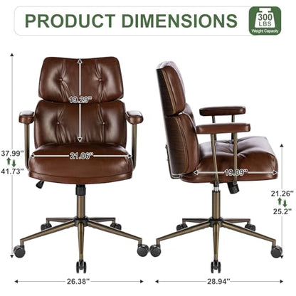 Mid-Century Modern Ergonomic Office Chair, Mid Back & Tufted, Brown | Faux Leather Executive Desk Chair, Walnut Bentwood Frame, Tufted Design, Swivel Computer Chair for Home Office, 300LBS Cap - color: Brown, size: Mid Back Style