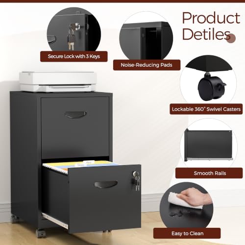 Metal 2 Drawer File Cabinet with Lock & Wheels for Office,Black | Small Mobile File Cabinets for Home Office, Under Desk Vertical Rolling File Cabinet Fit Hanging Files, Letter & A4 Documents - color: Black, style: 2 Drawers Mobile File Cabinet