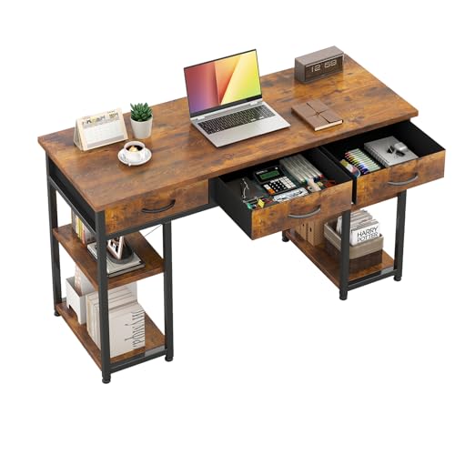CAIYUN 43 Inch Home Office Desk,Computer Desk with 3 Fabric Drawers&CPU Stands,Laptop Desk with Storage Shelves, Work/Writing/Study Table for Bedroom - color: Rustic Brown, size: 43.31 INCH