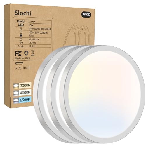 slochi 3 Pack Flush Mount Ceiling Light, 3000K-4000K-6500K Ceiling Light Fixture 7.5Inch, Ultra Thin Round White Flat led Lights for Bathroom Hallways Closet Laundry Bedroom Kitchen - color: White, size: 7.5Inch-3Pack