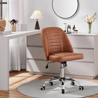 Yaheetech Retro Brown Faux Leather Armless Swivel Rolling Vanity Desk Chair | Compact faux leather seat fits small vanity, sewing or office desks; adjustable height, swivels on smooth wheels, fast setup. - color: Retro Brown