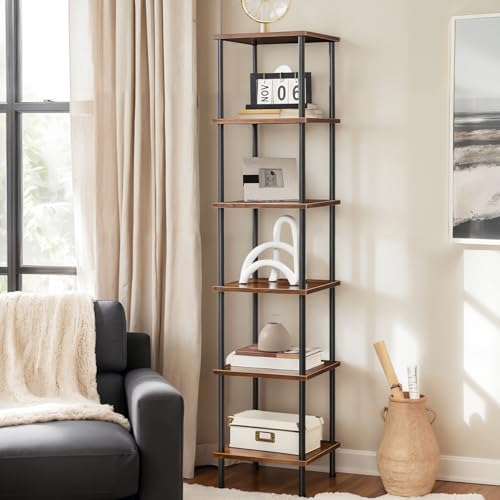 HOOBRO 6-Tier Corner Shelf, Corner Square Rack Display Shelf, Tall Storage Rack Plant Stand, Bookcase for Small Spaces, Living Room, Home Office, Kitchen, Rustic Brown and Black BF55CJ01 - color: Rustic Brown + Black, size: 11.8"L x 11.8"W x 55.7"H