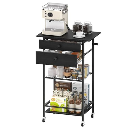 Rolling Coffee Cart,5-Tier Coffee Bar Cart with Pod Drawer Holder & Wire Storage Basket,33.6" H Small Coffee Station Cabinet with Storage,for Living Room,Dining Room,Home Office,Black - color: Black