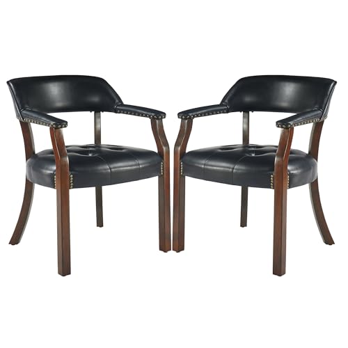LEEMTORIG Set of 2 Faux Leather Dining Chair with Arms, Dining Chair with Supportive Back, Game Poker Table Chairs, Boss Caption's Chairs Office Desk Chairs, Cherry Walnut Legs & Black PU NX173D - color: Cherry Walnut Legs & Black Pu, size: Set of 2