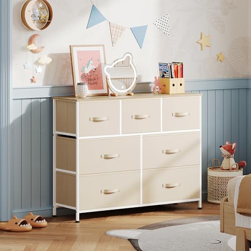 WLIVE 7 Drawer Dresser TV Stand, Entertainment Center, Media Console Table with Metal Frame and Wood Top for TV up to 45 inch, Chest of Drawers for Bedroom, Living Room, Cream White - color: Cream White