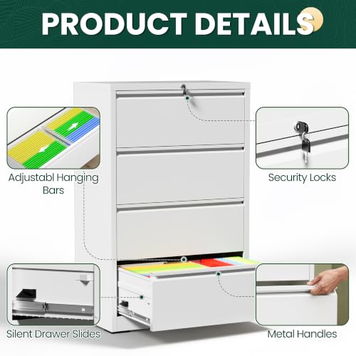 4 Drawer Lateral File Cabinet, Metal Filing Cabinet for Home Office, White | Heavy-Duty Steel Locking Large File Cabinet, Hanging Letter/Legal/A4 Size, Full-Extension Silent Drawer, Un-Assembly - color: White, size: 4 Drawers (35.43 in Width)