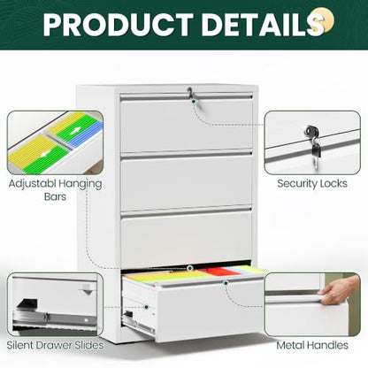 4 Drawer Lateral File Cabinet, Metal Filing Cabinet for Home Office, White | Heavy-Duty Steel Locking Large File Cabinet, Hanging Letter/Legal/A4 Size, Full-Extension Silent Drawer, Un-Assembly - color: White, size: 4 Drawers (35.43 in Width)