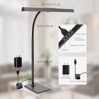 Kary 12W LED Desk Lamp for Home Office, Flexible Gooseneck Task Light Tall | Eye-Caring, Touch Control, 5 Dimmable Color & Brightness, Metal Base, 45 Min Timer, Memory Function, USB Adapter - color: Base-Black(1)