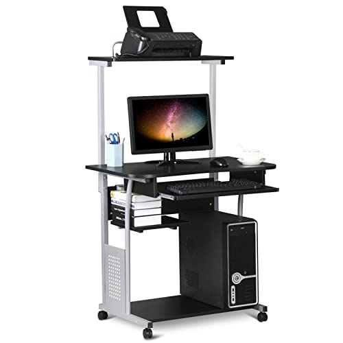 Yaheetech Small Rolling Computer Desk with Hutch and Storage Shelves, Black - color: Black