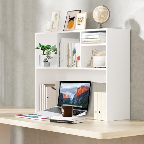 AQQHSAIN Desktop Bookshelf Wooden Desktop Hutch Storage Organizer Multipurpose Tabletop Display Rack with 4 Shelves for Computer Desk Hutch for College Dorm Office Home (White)