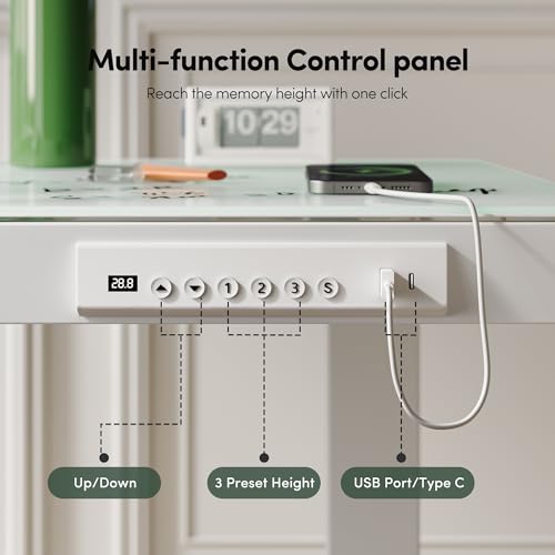 FEZIBO 48 × 24 Electric Standing Desk with Drawers, Whole-Piece Glass Adjustable Height Desk, One-Piece Quick Install Adjustable Sit Stand Desk, White - color: White, size: 48 inch