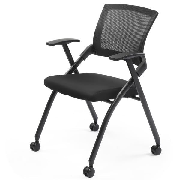 Stackable Office Chair with Wheels - Heavy Duty Folding Chair with Padded Seat & Flex Back, 350lb Capacity - Conference, Training Room, Guest, Reception - 1 Pack, Black