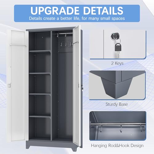 Metal Storage Cabinets with Doors and Shelves,Tall Broom Closet Storage Cabinet with Pegboard,Utility Tool Cabinets,Steel Locking Cabinets for Home Office,Basement,Laundry,Grey-White - size: 72"H x 31.5"W x 15.74"D-Grey/white