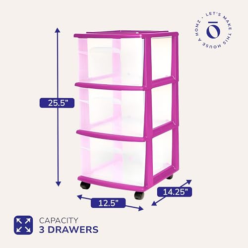 HOMZ Drawer Tower, 3-Tier Storage Cart with Removable Wheels, Purple Frame - color: Purple, size: 1 Pack