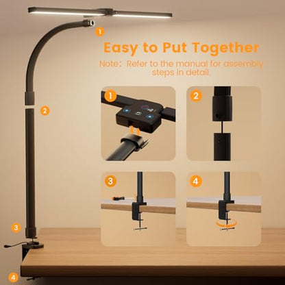 LED Desk Lamp for Home Office, 24W Computer Desk Light with Remote Control, Bright Table Lamp with Clamp Dimmable Tall Desktop Lighting with Bendable Gooseneck, Double Head, Black - color: Black with Clamp
