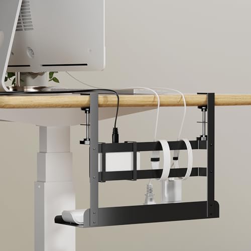 Yecaye Metal Under Desk Cable Management Tray, Clamp-On Desk Shelf | No Drill Mount; Anti-scratch Padded Clamps; Dual Wrap Bars; Fits Standing Desks; Metal Structure for Office Cable Storage;