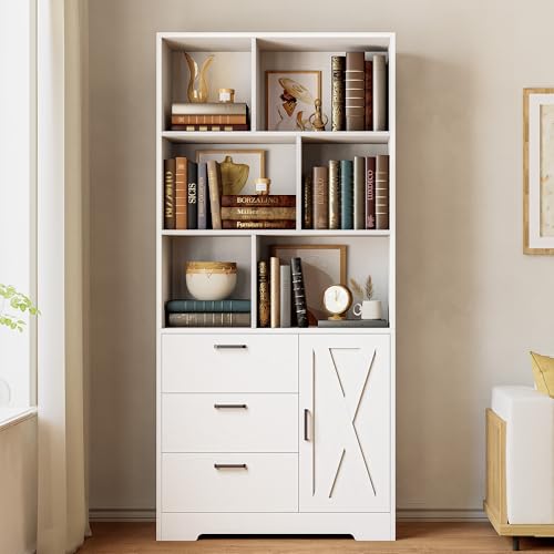 IRONCK 70.9-Inch Bookcase with Doors and 3 Drawers, White | 6 Open Cubes for Display and Storage, Ample Storage for Books and Decor, Suitable for Living Room, Home Office - color: Whte