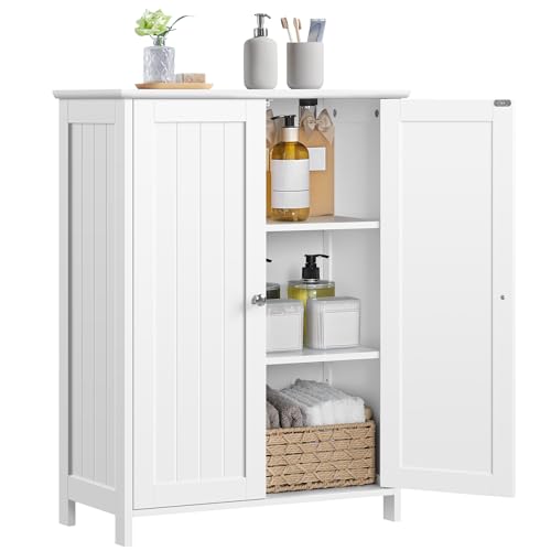 Yaheetech Small Bathroom Storage Cabinet for Towels with 2 Doors, White | Slim Freestanding Floor Organizer, 2 Adjustable Shelves Hold Toiletries, Fits Halls or Laundry Rooms, Beadboard MDF, 12" Deep - color: White, size: 24″ L × 12″ W × 32″ H