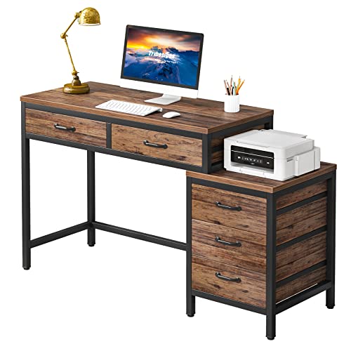 Tribesigns Computer Desk with 5 Drawers, Reversible Home Office Desks - color: Rustic Brown