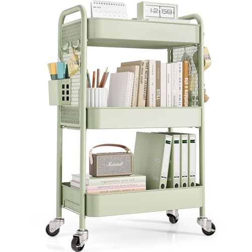 TOOLF 3 Tier Rolling Cart, Metal Utility Storage Cart with Pegboard, Green | 2 Bins & 4 Hooks, Screwless Assembly, Lockable Wheels, Trolley Organizer for Bathroom, Kitchen, Office, Dorm, Craft Room - color: Green, size: 3-Tier