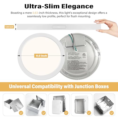 Flush Mount Ceiling Light Fixture - ETL Certified - 11 Inch Dimmable 3000K Warm White LED, 0.63'' Ultra Thin Round Design for Bedroom, Bathroom, Kitchen, Hallway, Basement, Closet (3-Pack)‌ - color: White, 3000K, size: 11 inch (3 Pack)