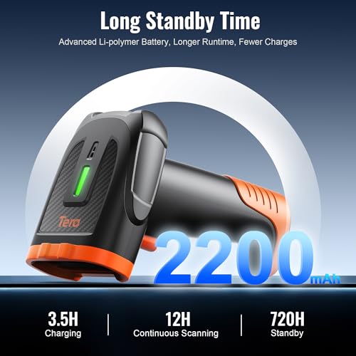 Tera Barcode Scanner Wireless Handheld: 1D 2D QR Li-Polymer 2200mAh, D5300 | 640*480 Global CMOS, BT 2.4G Wireless, USB Wired, Date & Time, Prefix Suffix, Retail Warehouse Library School Office, Orange