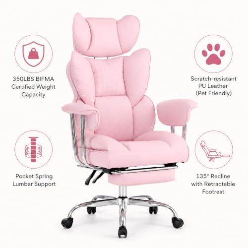 Big and Tall Office Chair, Ergonomic Executive Desk Chair with Footrest and Lumbar Support, Heavy Duty PU Leather Reclining Computer Chair with Extra Wide Seat for Home Office, Pink - color: Pink