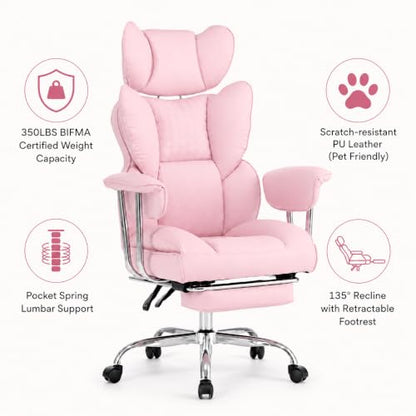 Big and Tall Office Chair, Ergonomic Executive Desk Chair with Footrest and Lumbar Support, Heavy Duty PU Leather Reclining Computer Chair with Extra Wide Seat for Home Office, Pink - color: Pink