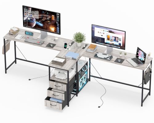 2 Person Computer Desk, 87" Long Gaming Desk for 2 People | Double Desk with 3 Fabric Drawers and 2 Power Outlets, Home Office Table for Adults and Teenagers, Grey - color: Grey, size: 35.4"D x 86.6"W x 30.7"H