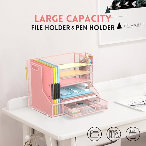 5-Tier Desk Organizer with File Holder & Pen Holder & Sliding Drawer, Pink - color: Pink