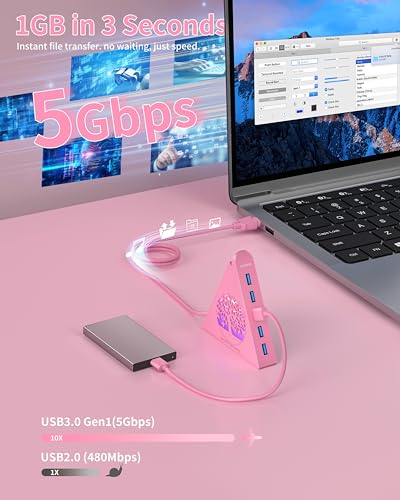 7-Port USB 3.0 Hub, RGB USB Hub with RGB Tree Light and 2ft Cable, USB Hub 3.0 Pink USB Expander for Laptop, PC, Flash Drive, HDD, Console, Printer, Keyboard, Mouse (Pink) - color: 3-Tree Pink