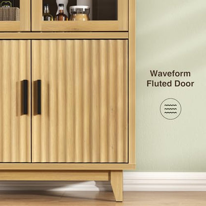 Arched Cabinet with Glass Doors, Fluted Pantry Cabinet with Solid Wood Legs - color: Wood Grain, size: Tall Arched - 15.7"D x 31.1"W x 70.8"H