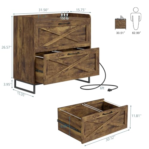 Vabches 2 Drawer Lateral File Cabinet with Charging Station, Rustic Brown - color: Brown