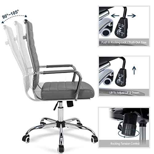 Home Office Chair Ribbed, Modern Leather Conference Room Chairs, Ergonomic Office Desk Chair, High Back Executive Computer Chair, Adjustable Swivel Chair with Arms (Grey) - color: Grey