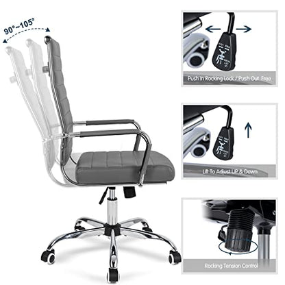 Home Office Chair Ribbed, Modern Leather Conference Room Chairs, Ergonomic Office Desk Chair, High Back Executive Computer Chair, Adjustable Swivel Chair with Arms (Grey) - color: Grey