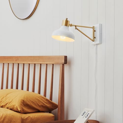 Globe Electric 51344 1-Light Plug-in or Hardwire Swing Arm Wall Sconce, White, Brass Accents, White-Cloth Cord, Mounted Bedside Lamp, Kitchen Sconces Wall-Lighting, Bulb Not Included - size: 5.75"