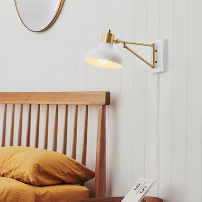 Globe Electric 51344 1-Light Plug-in or Hardwire Swing Arm Wall Sconce, White, Brass Accents, White-Cloth Cord, Mounted Bedside Lamp, Kitchen Sconces Wall-Lighting, Bulb Not Included - size: 5.75"