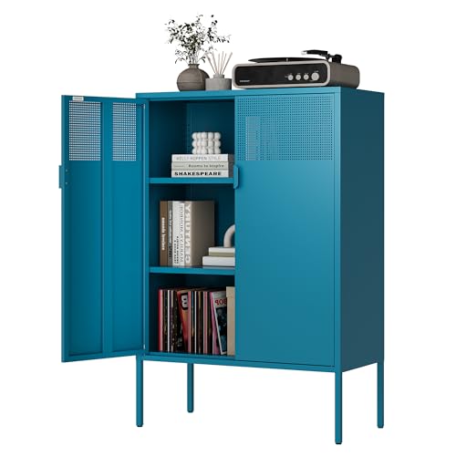 Ustamio Blue Metal Storage Cabinet - 3 Tier Steel Office Storage Cabinet with Doors and Shelves for Home, Office and Kitchen - color: Dark Blue, size: 47.2"H-Metal Doors
