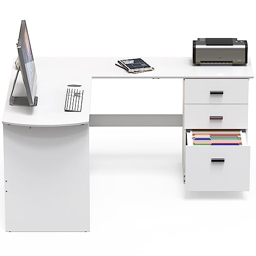 SHW L-Shaped Home Office Wood Corner Desk w/Box Box File Drawers, White - color: White