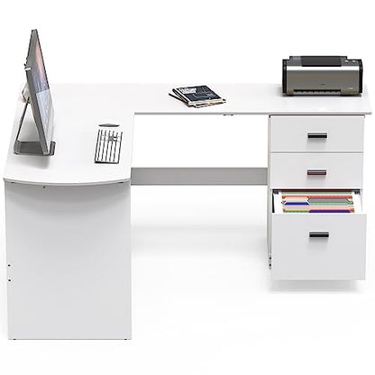 SHW L-Shaped Home Office Wood Corner Desk w/Box Box File Drawers, White - color: White
