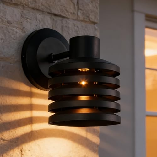 Industrial Matte Black Cylindrical Outdoor Wall Sconce with Louvered Design, Weatherproof Exterior Light Fixture, Farmhouse Lighting for Entrance, Courtyard, Porch, Patio, Garage