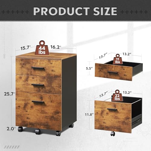 DEVAISE 3 Drawer Wood Mobile File Cabinet, Rolling Filing Cabinet for Letter/A4 Size, Rustic Brown - color: Rustic Brown, size: 15.7"D x 16.2"W x 25.7"H